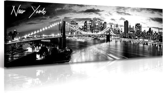 DJSYLIFE New York Skyline Wall Art - Brooklyn Bridge Night View - Black and White Nyc City Pictures Scape Artwork Painting Decoration for Bedroom or Office, Ready to Hang 13.8"x47.3"-New York1