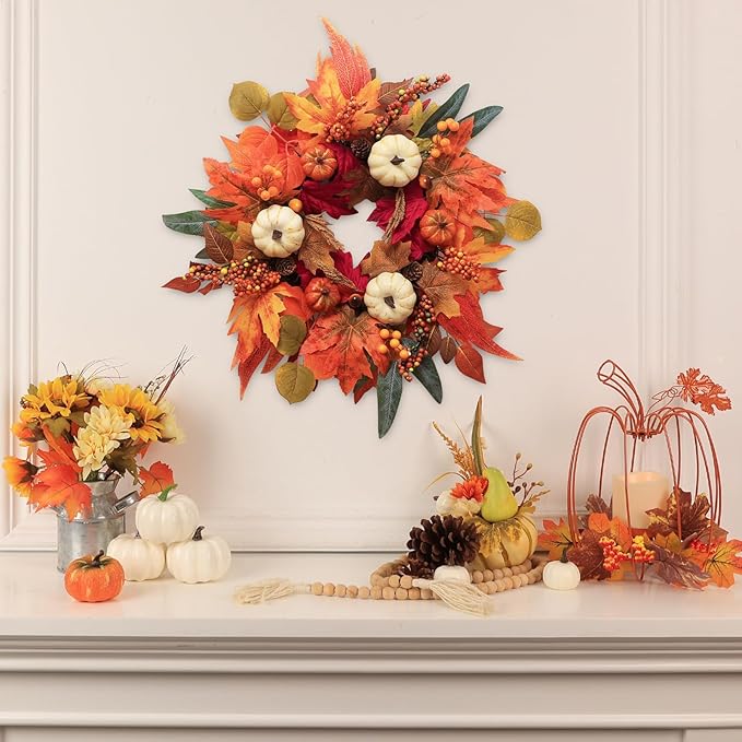 Fall Wreaths for Front Door, DECSPAS 21" Fall Wreath with Maple Leaves Pumpkin Berries, Autumn Decorations for Home, Artificial Harvest Door Wreath Outside, Window, Wall, Fireplace, Thanksgiving Decor
