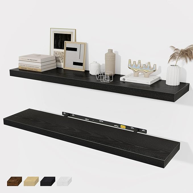 Black Floating Shelves Wall Shelf 40 Inch, 8 Inch Deep Floating Shelf for Wall, Farmhouse Black Wood Shelves Invisible Bracket for Living Room, Bedroom, Kitchen, 40 x 8 x 1.4 Inch, Set of 2