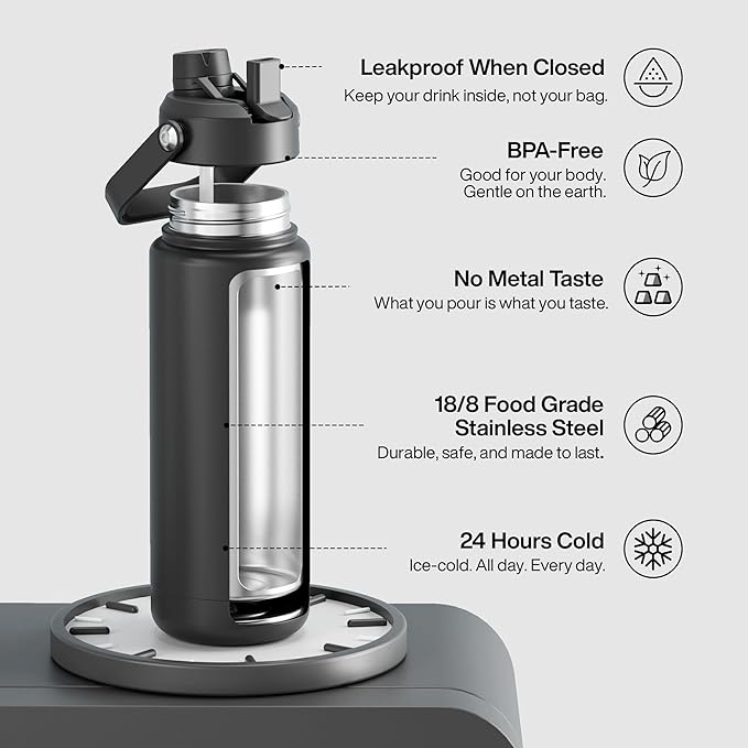 Insulated Water Bottle with Straw Stainless Steel Water Bottle, Leak-Proof, BPA-Free, Double Wall Vacuum Keeps Cold for 24 Hours for Sports, Travel, School (32 oz, Black Night)