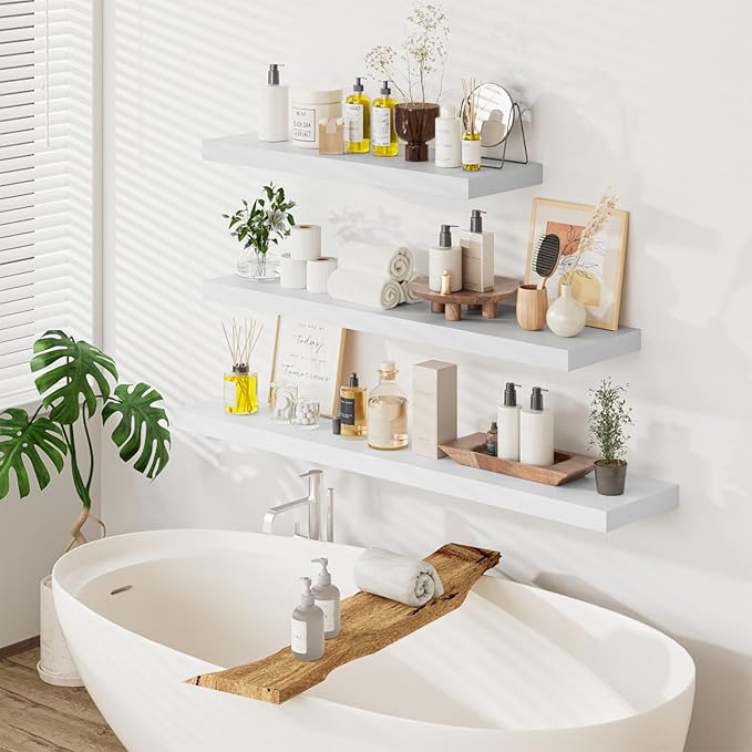 Heimlove 36 Inch Long Floating Shelf for Wall, 12" Deep White Floating Shelves Wall Shelves for Bedroom Living Room Bedroom, Wall Mounted Shelves for Storage Book Decor, Set of 2