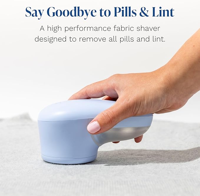 Nori Trim Fabric Shaver - Lint Remover for Clothes & Furniture Couch Pilling - Sweater Pill Remover - Clothes Shaver with 6 Precision Blades - Wireless and Rechargeable - Blue