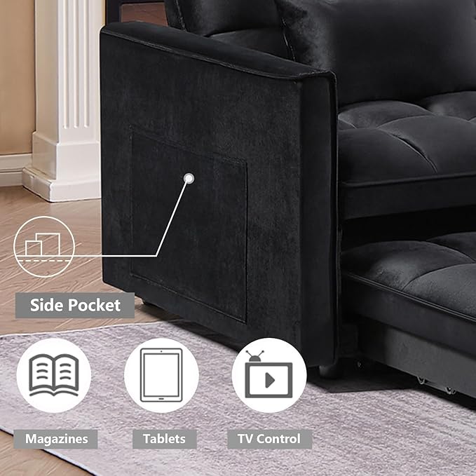 3 in 1 Convertible Sleeper Sofa Bed,Futon Loveseat Couch with Pull-Out Bed & Adjustable Backrest,Velvet Fabric Sofa with Side Pocket for Small Apartment, Living Room, Office (Black)