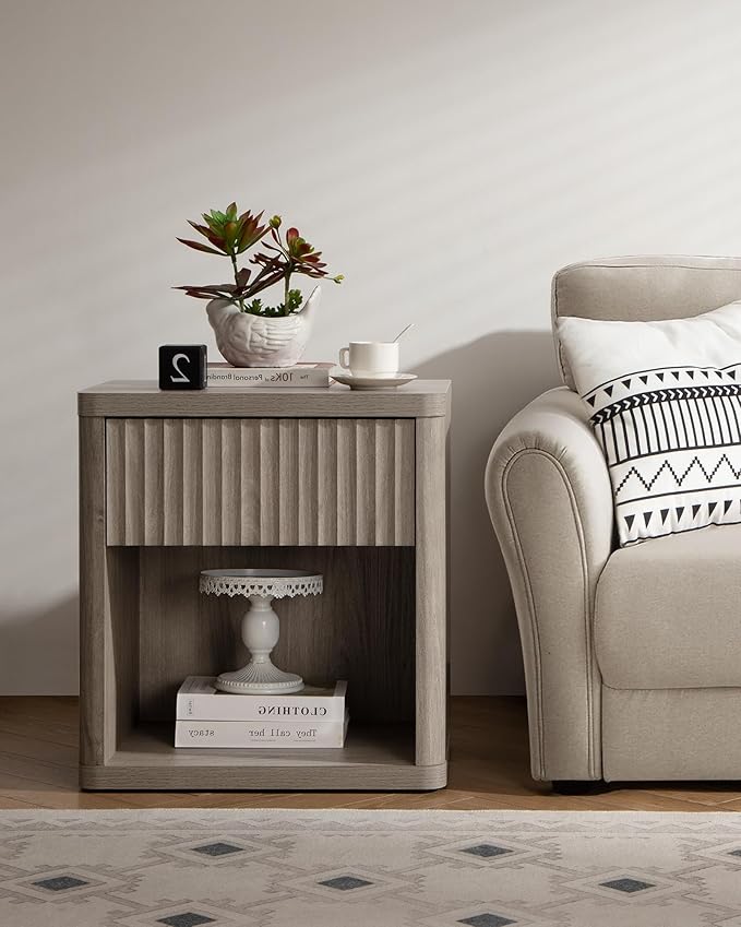 SICOTAS Large Nightstand with Drawer Storage - Grey Alder