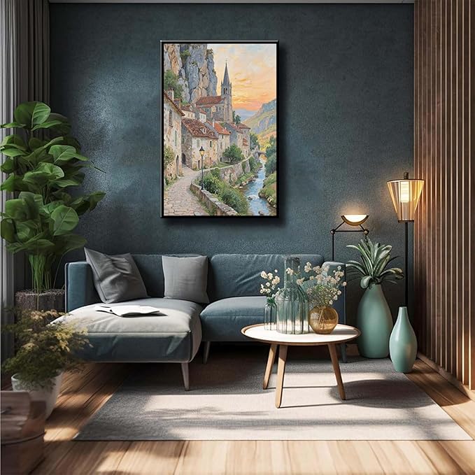 Small town scenery poster on the bank of the mountain stream is suitable for living room bedroom and office natural oil painting poster