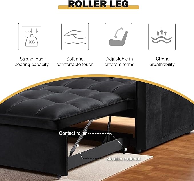 3 in 1 Convertible Sleeper Sofa Bed, Couch with Pull Out Bed with Side Pocket, Convertible Love Seat Sleepers Couch for Living Room, Bedroom, Black