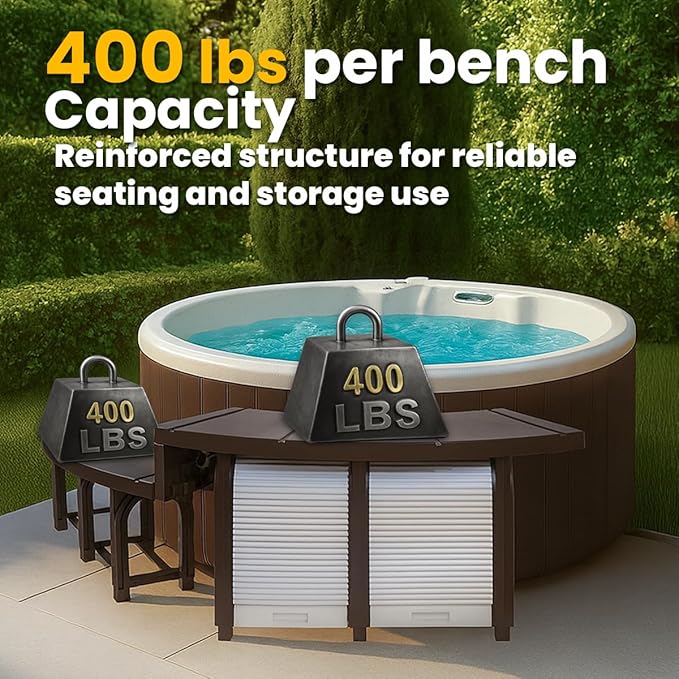 XtremepowerUS SPA Bench Set with Storage & Roller Shades – 2 Medium & 2 Tall Benches, Brown, 400 lbs Capacity, Outdoor Use