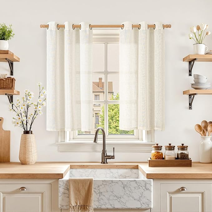 LAMIT Short Linen Curtains 40 Inch for Kitchen Windows Over Sink, Semi Sheer Light Filtering Neutral Curtains Bronze Grommet Panels for Bathroom/Windows, Cream Ivory, 2 Panels, 34 x 40 Inch