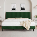 King Size Bed Frame, Velvet Upholstered Platform Bed with Vertical Channel Tufted Headboard and Footboard, No Box Spring Required, Easy Assembly, Green