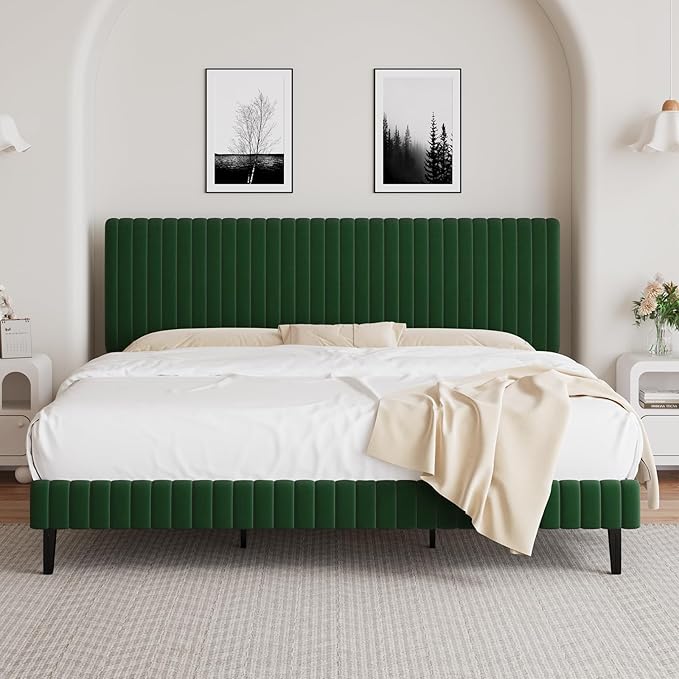 King Size Bed Frame, Velvet Upholstered Platform Bed with Vertical Channel Tufted Headboard and Footboard, No Box Spring Required, Easy Assembly, Green