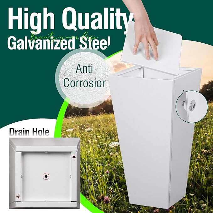 Tall Tapered Planter Taper Metal Modern Flower Plant Pot White Square Galvanized Steel Planter 26 In Indoor Outdoor for Front Porch Garden Patio Grande Plant Tree Commercial Residential Heavy Duty