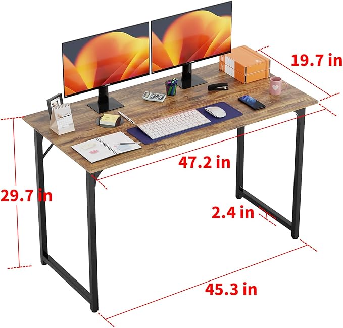 PayLessHere | 47 Inch Computer Desk | Brown | Office Desk with Metal Frame, Adjustable Feet | Water-Resistant, Scratchproof Surface | Sturdy Writing Table for Home Office or Study | Pack of 2