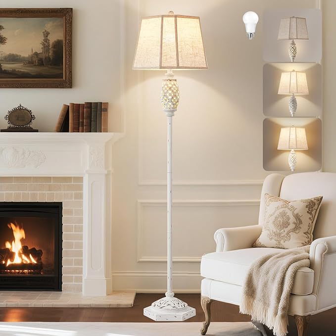 Luvkczc Rustic Floor Lamp with Floral Cutouts & Light, Vintage Farmhouse Style Standing Lamp Resin Floor Lamps for Living Room, Bedroom,Study (Bulb Included)