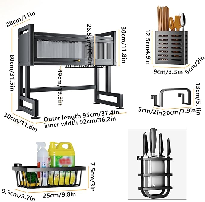 Home Furnishing Over The Sink Dish Drainer Drying Rack 3 Tier Over Sink Dish Rack for,oversink Dish Dry Rack,Space Saving Dish Drying Rack,Kitchen Sink Organizer countertop(Black,95cm/37.4in)