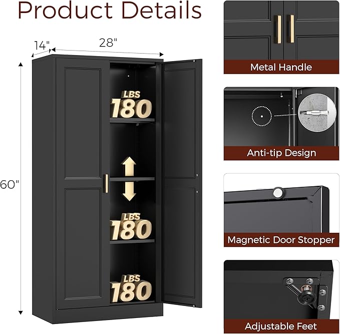 60" Tall Metal Pantry Cabinet, Black Kitchen Pantry Storage Cabinet with Doors and 3 Adjustable Shelves, Cupboard for Kitchen, Dining Room, Living Room, Bathroom