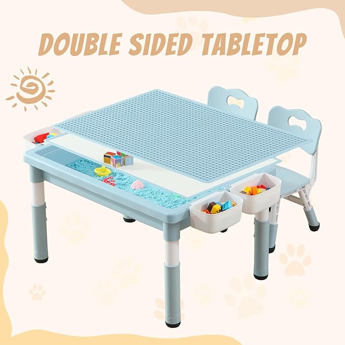 Multi Functional Kids Table and 2 Chairs Set, Graffiti & Building Blocks Double-Sided Tabletop, Toddler Play Table with Drawers, Large Storage Space, Gift for Boys/Girls, Blue