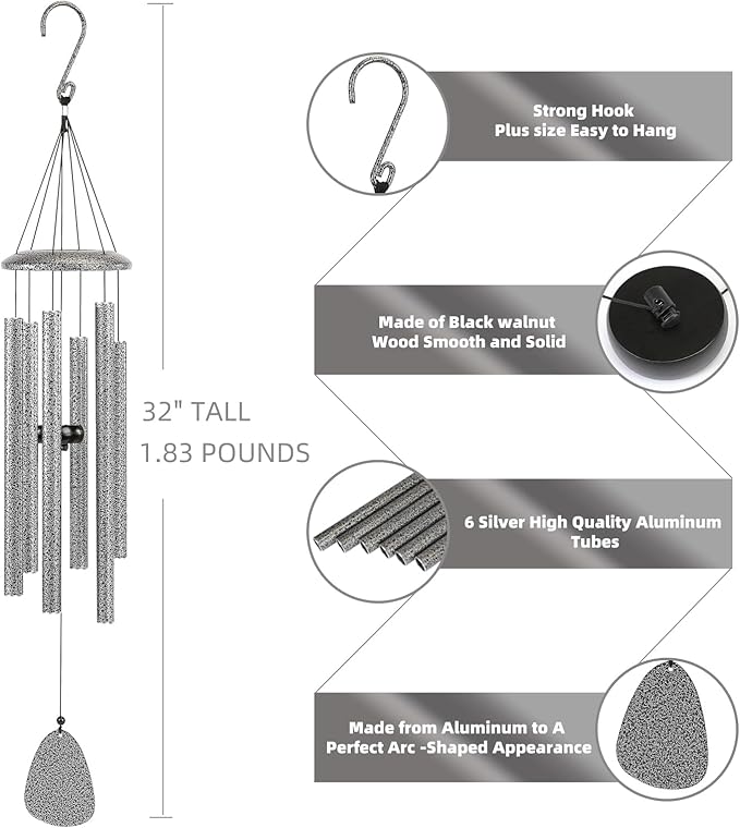 Wind-Chimes-Outdoor-Deep-Tone, Large Soothing Melodic Tones Windchimes, Wind Chimes for Outside, Memorial Wind Chimes Best Gift for Mom Women Grandma Neighbors(32" Silver Coated Aluminum)