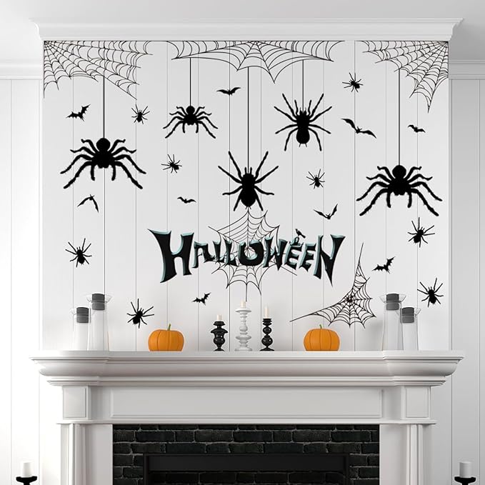 Halloween Spider Web Bat Patterns Wall Decals - Peel and Stick Removable Stickers for Scary Theme Party Decorations