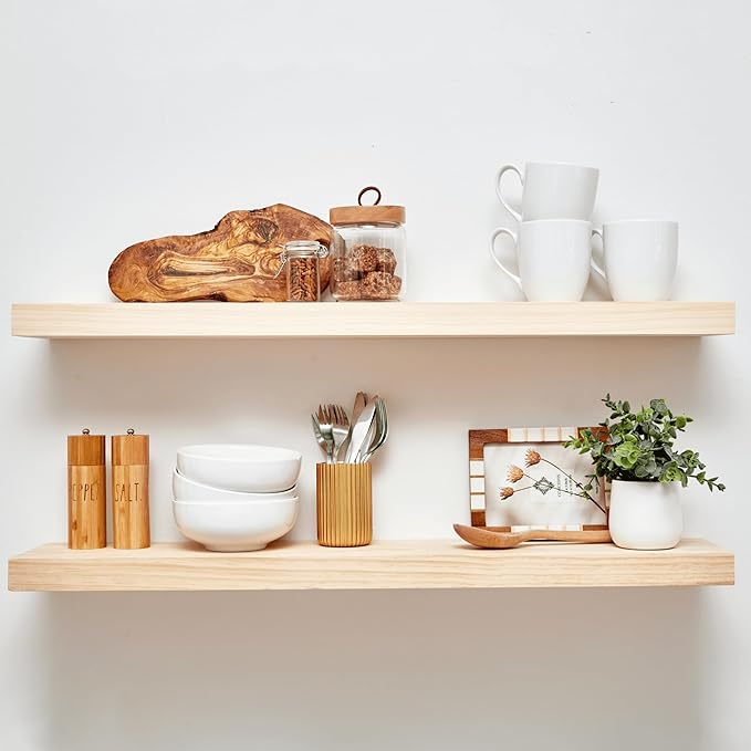 Homeforia 36 inch Wood Floating Shelves, High End Solid Natural Wood 36inch Large Floating Shelf Bathroom, Unfinished Wooden Floating Shelves for Wall, Heavy Duty Bracket, 36 X 6.5 X 1.75 in, Set of 2