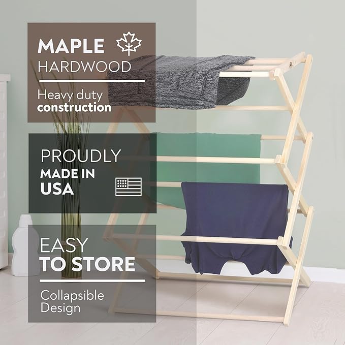 Pennsylvania Woodworks Premium American Maple Clothes Drying Rack - Handcrafted in Pennsylvania - Solid Wood Construction, Collapsible, Eco-Friendly Laundry Solution (Medium)
