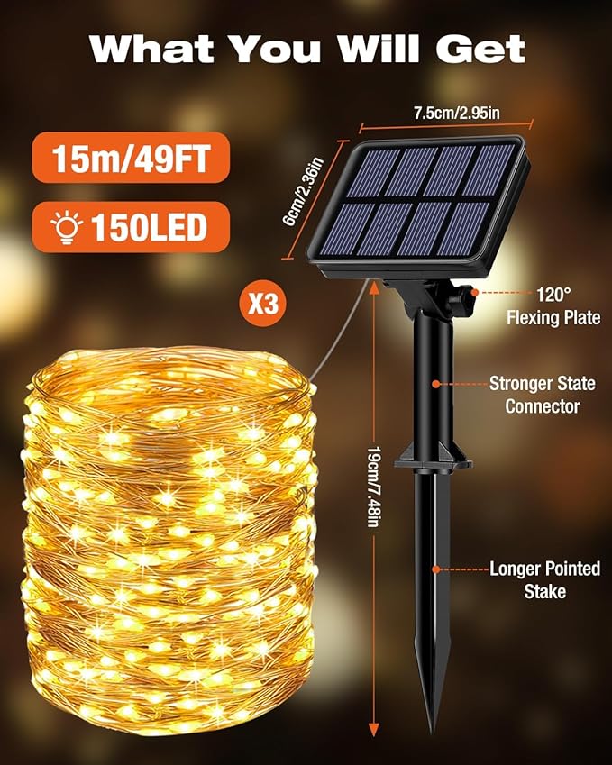 3 Pack Solar Fairy Lights for Outside Waterproof, Total 147FT 450 LED Solar String Lights Outdoor 8 Modes Solar Twinkle Lights for Garden Yard Christmas Tree Wedding Party Decor, Warm White