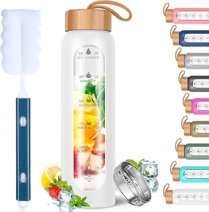 Aqulea Glass Water Bottles 25 Oz with Silicone Sleeve - BPA Free Reusable Wide Mouth Glass Motivational Water Bottles with Fruit Infuser – Leak Proof Borosilicate Water Bottle with Time Marker (White)