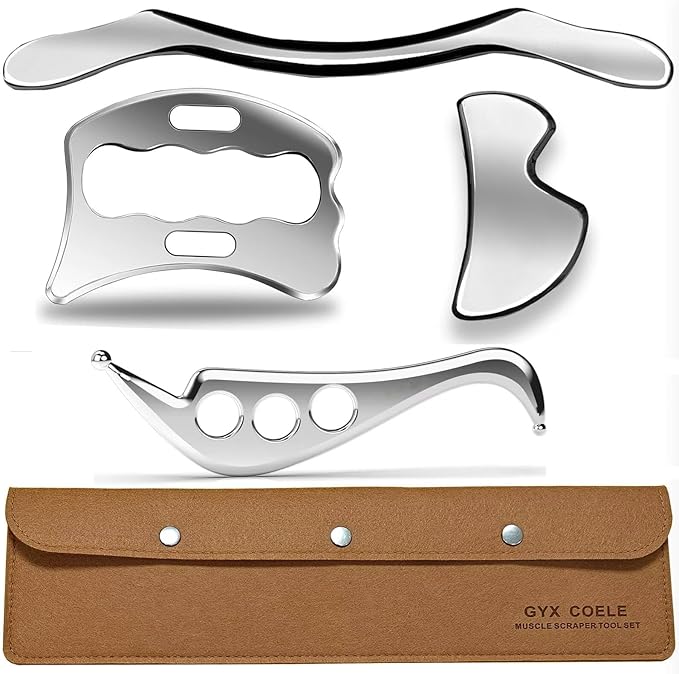 4 in 1 Stainless Steel Muscle Scraper Tool Set, Gua Sha Massage Scraper Scraping Tool Physical Therapy Massage Tools with Storage Case