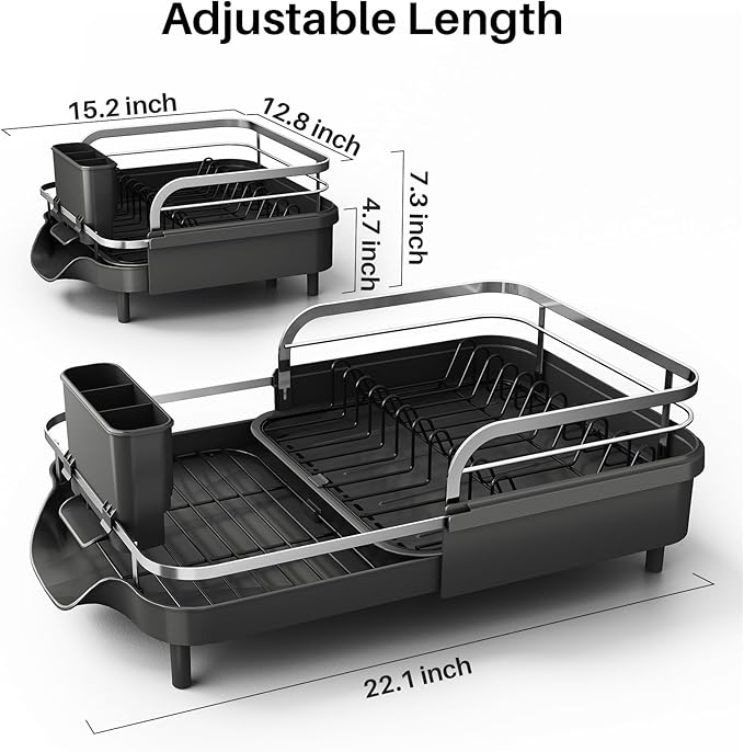 Dish Drying Rack, Expandable Dish Rack for Kitchen Counter, Stainless Steel Dish Drainer with Drainboard Set and Utensil Holder (Black)