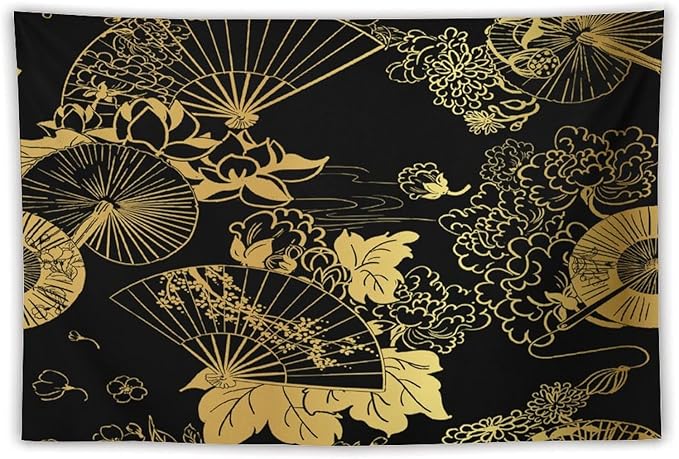 HZOHNAGO Japanese Tapestry Gold Flowers Umbrella Fan Pattern Printed Wall Tapestry Painting Wall Hanging for Bedroom Living Room Dorm 90" W x 60" H