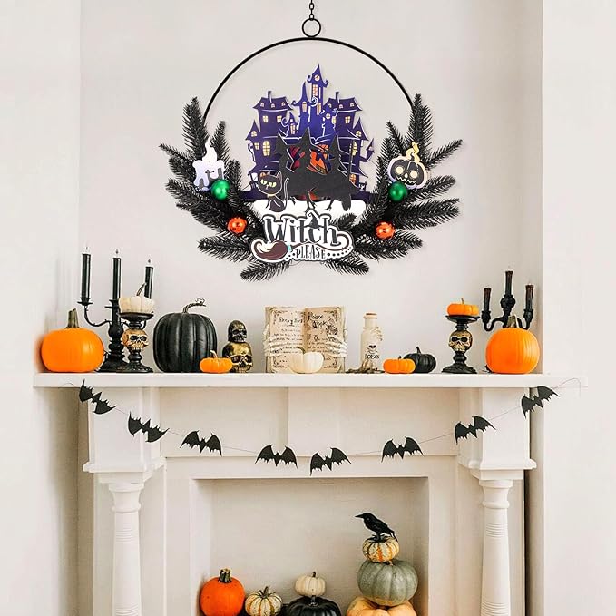 Lighted Halloween Wreaths for Front Door, Welcome Metal Wooden Door Wreath Decor Hanging Sign, 30 LED Lighted Wall Decor Battery Operated for Halloween Indoor Outdoor (Witch)