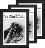 9x12 Frame 3 Pack - Black Woodgrain, 9 x 12 Picture Frame with HD Tempered Glass, Table or Wall Display