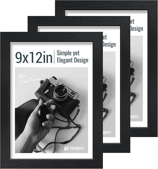 9x12 Frame 3 Pack - Black Woodgrain, 9 x 12 Picture Frame with HD Tempered Glass, Table or Wall Display