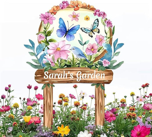 Personalized Watercolor Garden Metal Sign with Stake,Custom Gardener Last Name Signs Outdoor Decor,Customized Birds Gardening Gifts for Mom,Butterfly Flowers Plaques for Patio Lawn Porch Yard Garage