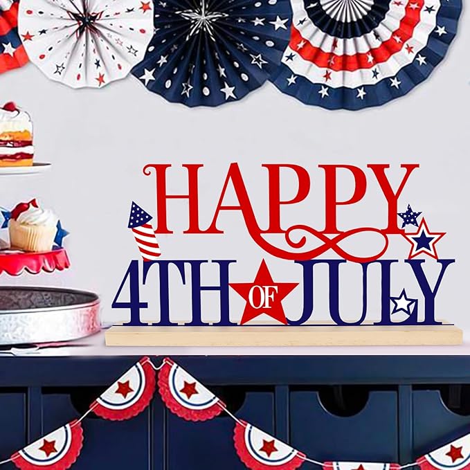 COCHIE Metal Happy 4th of July Sign, Red Blue and White Decorations for Home, Office, Shelf, Mantel, Indoor, Fouth of July Decoration, Patriotic Star Decor (Independence Day)
