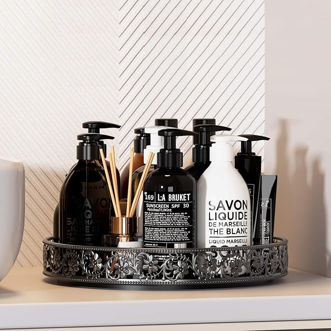 10" Lazy Susan Organizer Turntable,360 Rotating Spice Rack Lazy Susan for Cabinet Dining Table Top Countertop Pantry Kitchen Cupboard Vanity Bathroom Refrigerator Black