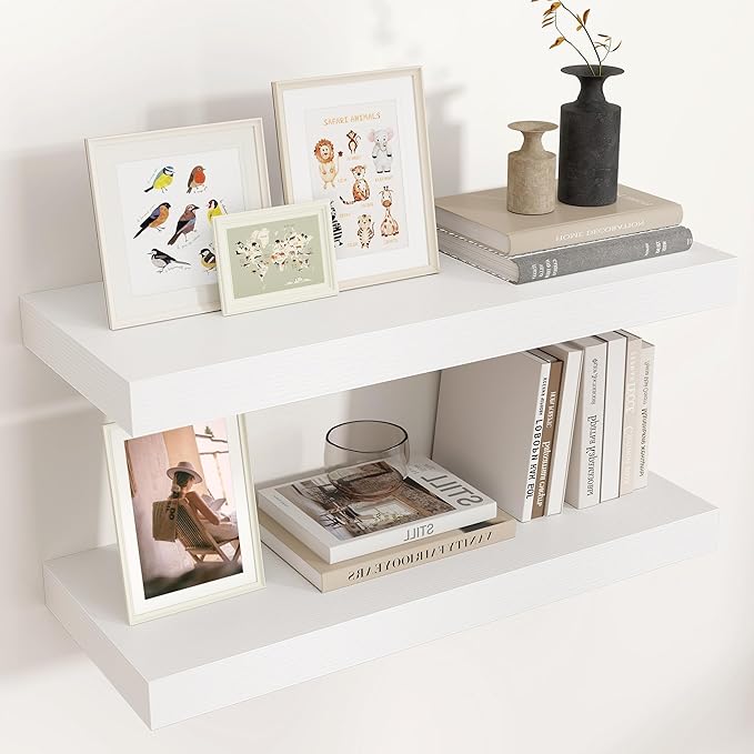 Floating Shelves - 2 Large Wall Mounted Shelves with Invisible Brackets, Long Wood Floating Wall Shelf for Living Room, Bedroom, Kitchen (White, 24" W x 9" D x 1.5" H)