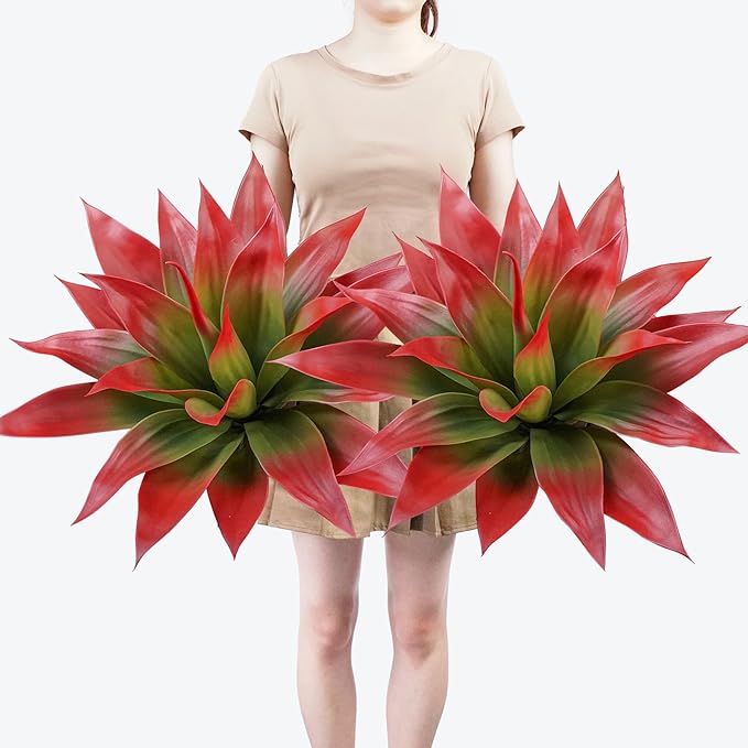 Artificial Agave Plants,Large UV Resistant Fake Agave Planters for Indoor and Outdoor Decorating Tropical Plant Succulents Greenery Indoor Decor (2Pack,22" Red)
