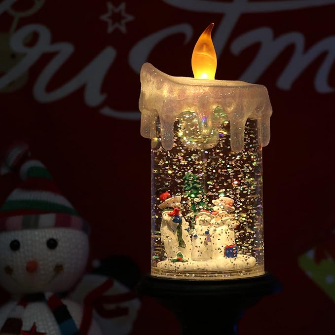 Eldnacele Christmas Snow Globe Candle Battery Operated Lighted Flameless Candles Light Swirling Water Glittering Spinning Candles for Home Decoration(Snowmen Family)