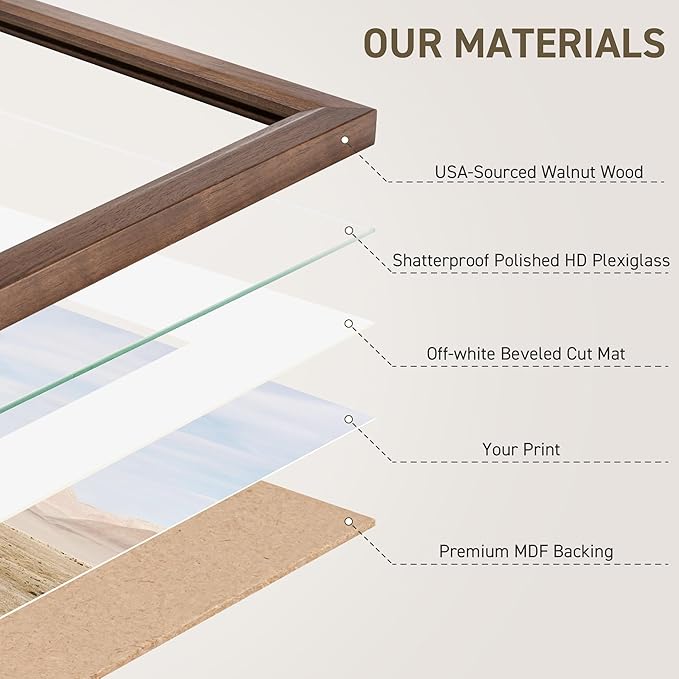 18x24 Poster Frame Natural Solid Walnut Photo Frames with 16x20 Removable Mat Wall Hanging Large Handcrafted Frame with HD Plexiglass Wall and Tabletop Display Large Picture Frame