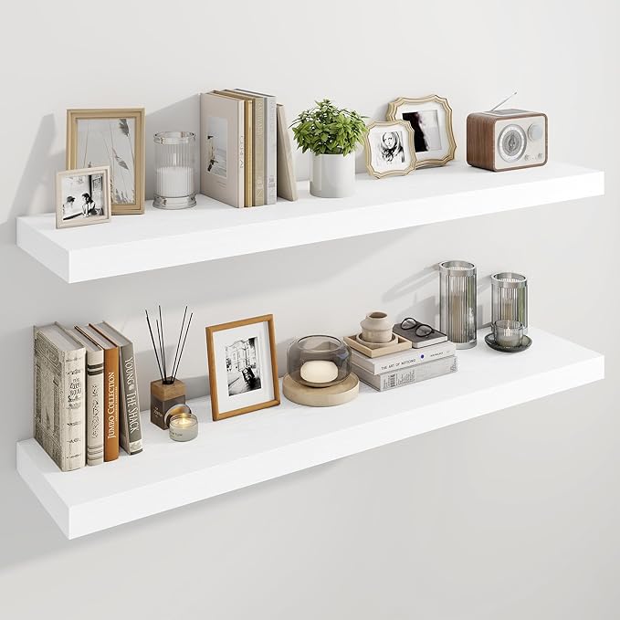 Marsmiles 48" Floating Shelves for Wall, Wooden Shelves with Invisible Brackets Set of 2, Rustic Farmhouse Wall Mounted Shelf for Kitchen Bathroom Living Room Study, White