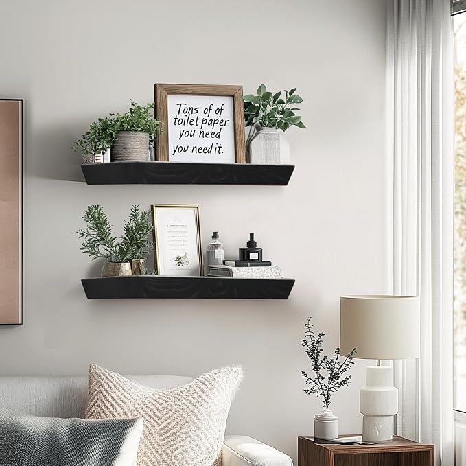 16"x6.8"x1.6" Slanted Floating Wall Shelves 2-Pack - Rustic Black Finish, Heavy-Duty Solid Wood Design with Hidden Brackets - Perfect for Living Room, Kitchen, Bathroom, or Office