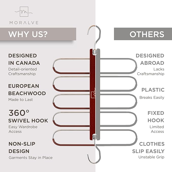 MORALVE Pants Hangers Space Saving - European Beechwood Scarf and Jean Hangers - Closet Organizer and Space Saver Pant Rack, Leggings Hanger, and Scarf Holder with 360° Swivel Hook (1 Pack)