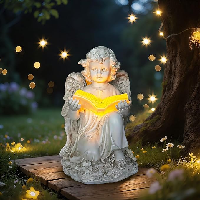 Garden Angel Statues for Outside, Solar Angel for Garden with Bible & Cemetery Decorations for Grave, Angel Figurines for Yard Patio Decor & Lawn Ornaments, Gifts for Mom Grandma Women