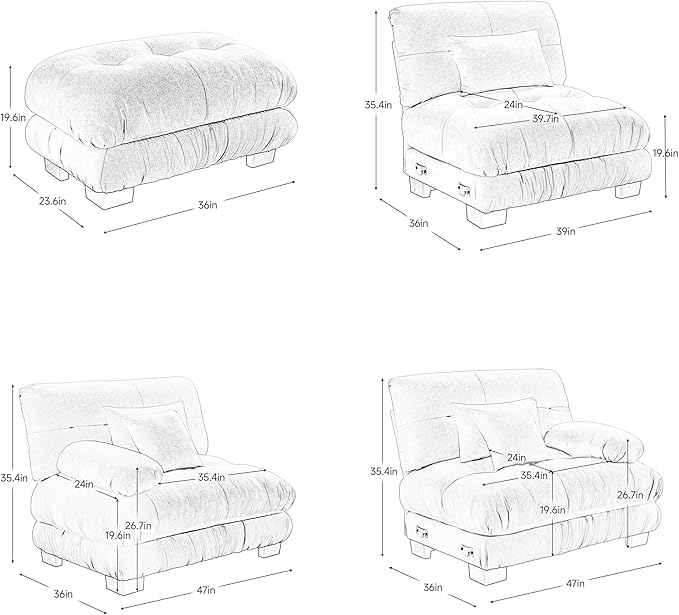 Loveseat Modular Sectional Sofa, Cloud Couch 2 Seater Sectional Couch Home Sofa Living Room Oversized Couch, Modern Deep Seat Couch with Chaise with Round Bolster Armrests 4 Pillows(Gray)