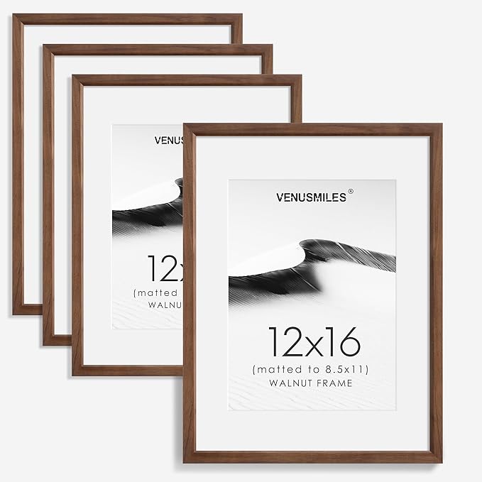 12x16 Picture Frame Set of 4 Natural Solid Walnut Photo Frames with 8.5x11 Removable Mat Wall Hanging Large Handcrafted Frame with HD Plexiglass Wall and Tabletop Display Large Poster Frame
