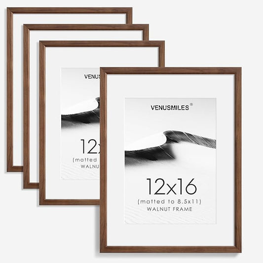 12x16 Picture Frame Set of 4 Natural Solid Walnut Photo Frames with 8.5x11 Removable Mat Wall Hanging Large Handcrafted Frame with HD Plexiglass Wall and Tabletop Display Large Poster Frame