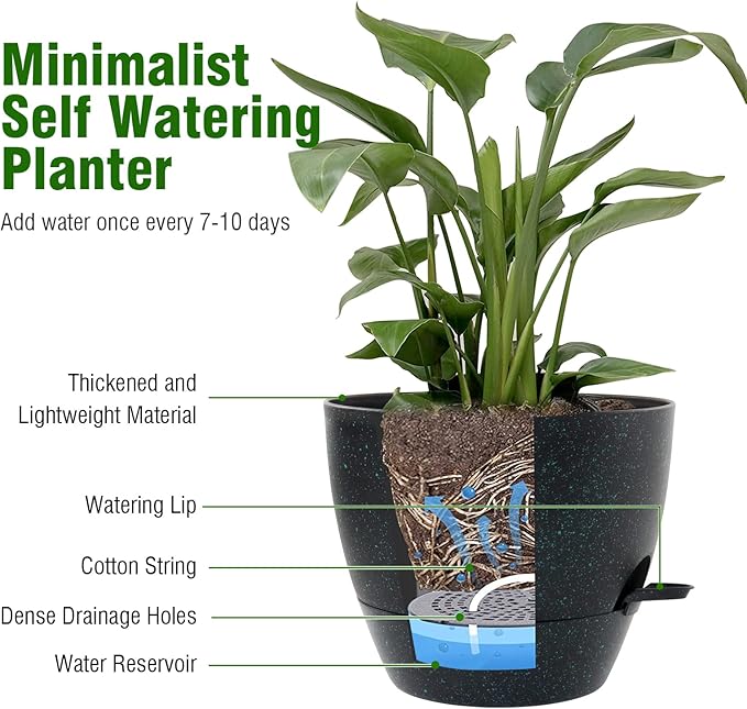 12/10/9 inch Large Self Watering Pots, Planter, Plant Pots with Mesh Drainage Holes for Indoor Outdoor Garden Plants, Plastic Flower Pots with Deep Reservoir, Black with Green Speckles