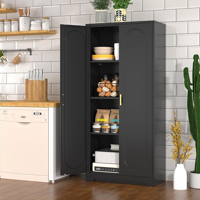 60" Tall Kitchen Pantry Cabinet, Metal Pantry Cabinet with Doors and Adjustable Shelves, Black Utility Storage Cabinet with Handles for Dining Room, Bathroom, Laundry Room - Assemble Required