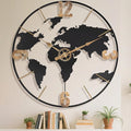 24 Inch Large Wall Clock,Modern Decorative Big World Map with Vintage Gold Arabic Numeral Extra Giant Metal Oversized Wall Clocks for Living Room,Office,Kitchen,Dining Room,Bedroom