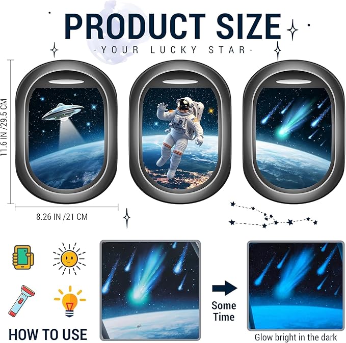 Quanhaigou Glow in The Dark 3D Space Wall Decals, Set of 3 Galaxy Window Stickers for Wall,Planet Themed Room Decor for Kids Boys